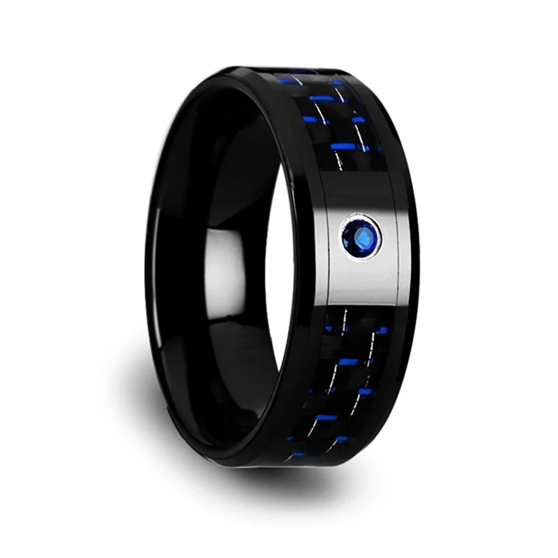 Personalized rings for women with diamonds-Black Ceramic Men's Wedding Band with Black & Blue Carbon Fiber and Blue Sapphire