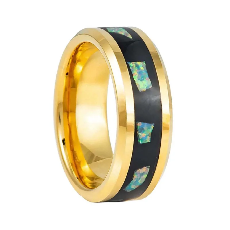 Elegant wedding rings for women-Opal Inlay Gold Tungsten Men's Wedding Band