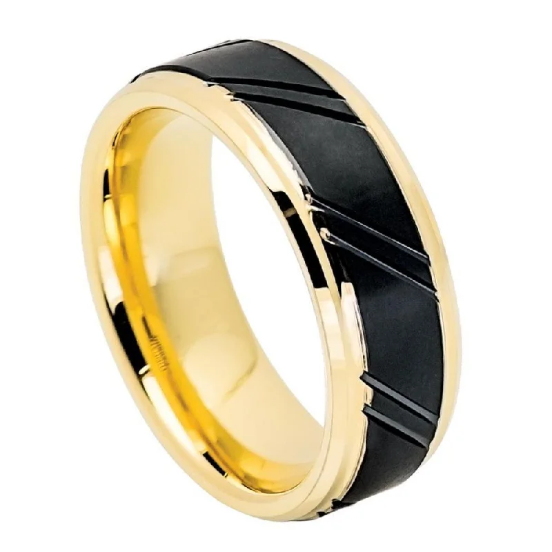 Designer rings for women-Yellow Gold Tungsten Men's Wedding Band with Diagonal Grooves