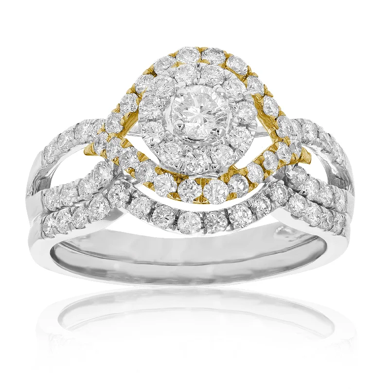 Unique engagement rings with intricate designs-1 cttw Diamond Wedding Engagement Ring Set 14K White Yellow Gold Halo Bridal