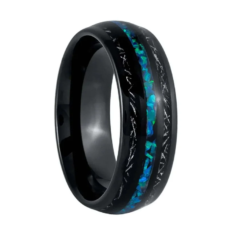 Elegant silver rings for women with diamonds-Imitation Meteorite and Blue Opal Inlaid Black Tungsten Men's Wedding Band