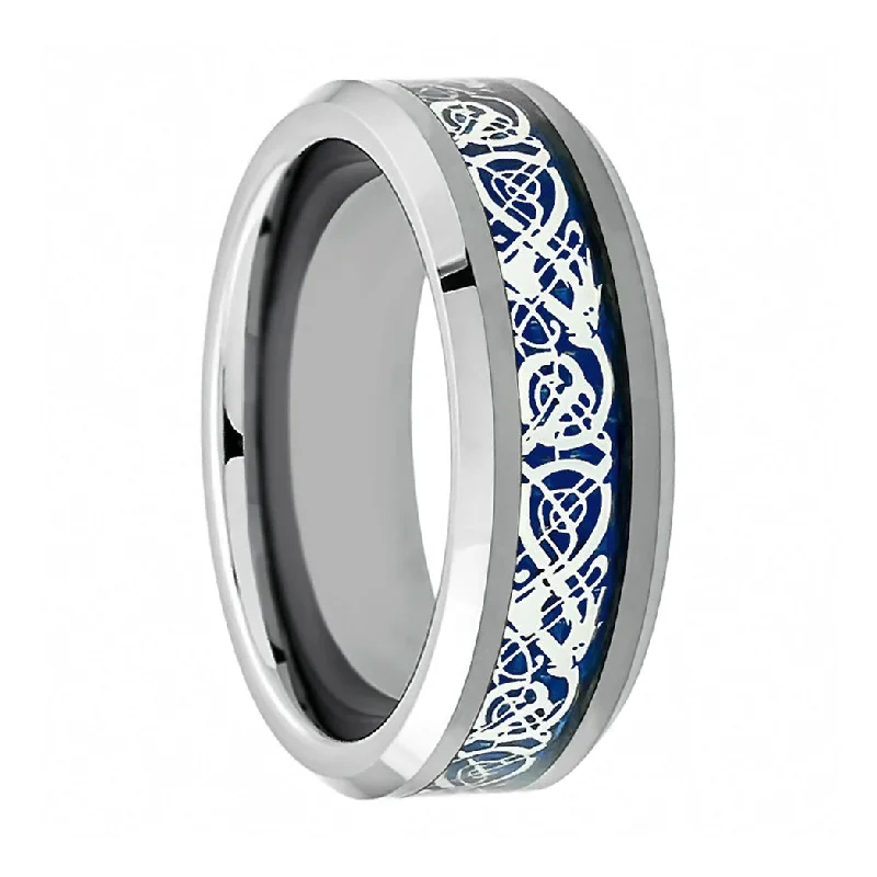 Women’s rings with matching necklaces-Blue Celtic Dragon Inlay Tungsten Men's Wedding Band