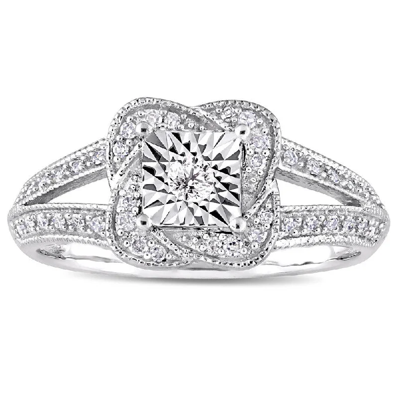 Custom diamond engagement rings-Miadora Signature Collection 10k White Gold 1/5ct TDW Diamond Twisted Square Halo Engagement Ring