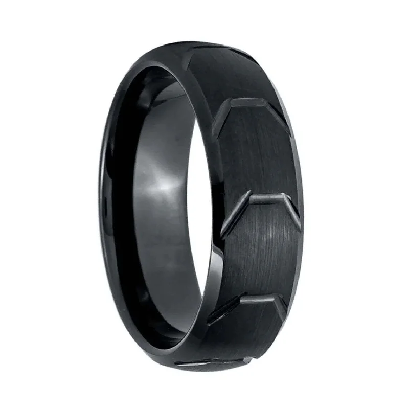 Vintage engagement rings for women-Grooved Black Tungsten Men's Wedding Band