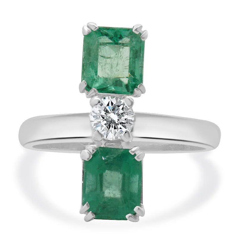 Engagement rings with deep green emeralds-18 Karat White Gold Emerald and Diamond Three Stone Stack Ring