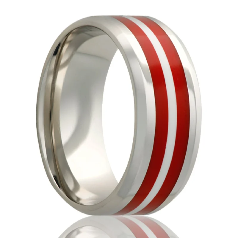 Women’s rings with crystal designs-Red Stripes Inlay Titanium Wedding Band with Beveled Edges