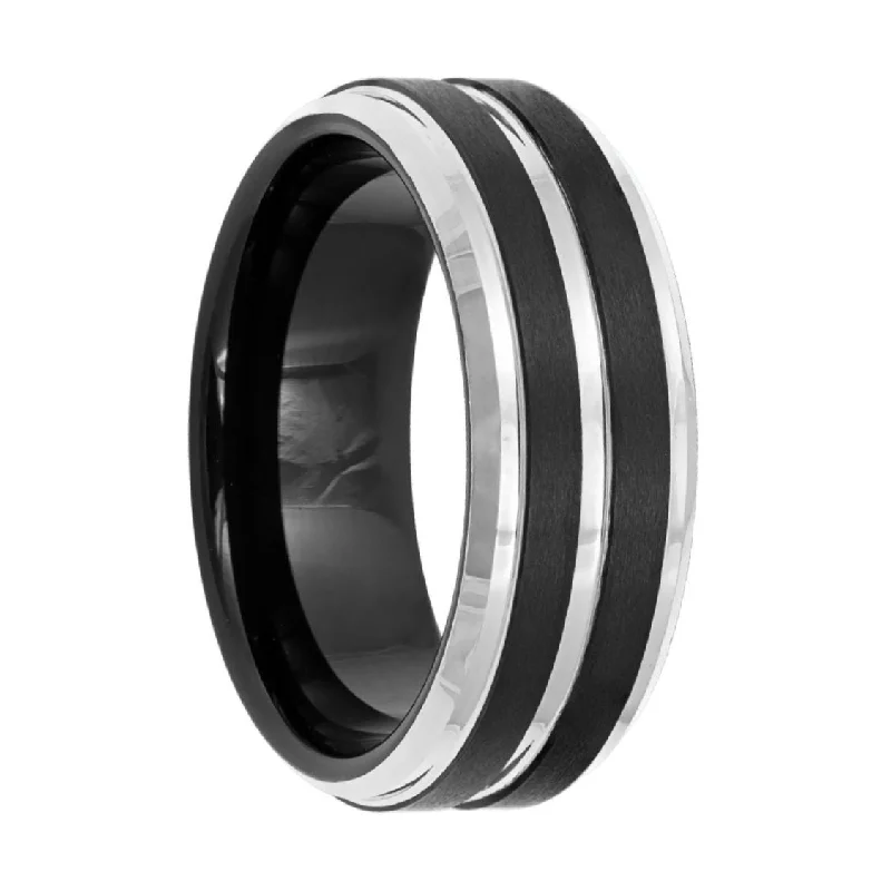 Women’s fashion rings with floral accents-Black Grooved Tungsten Men's Wedding Band