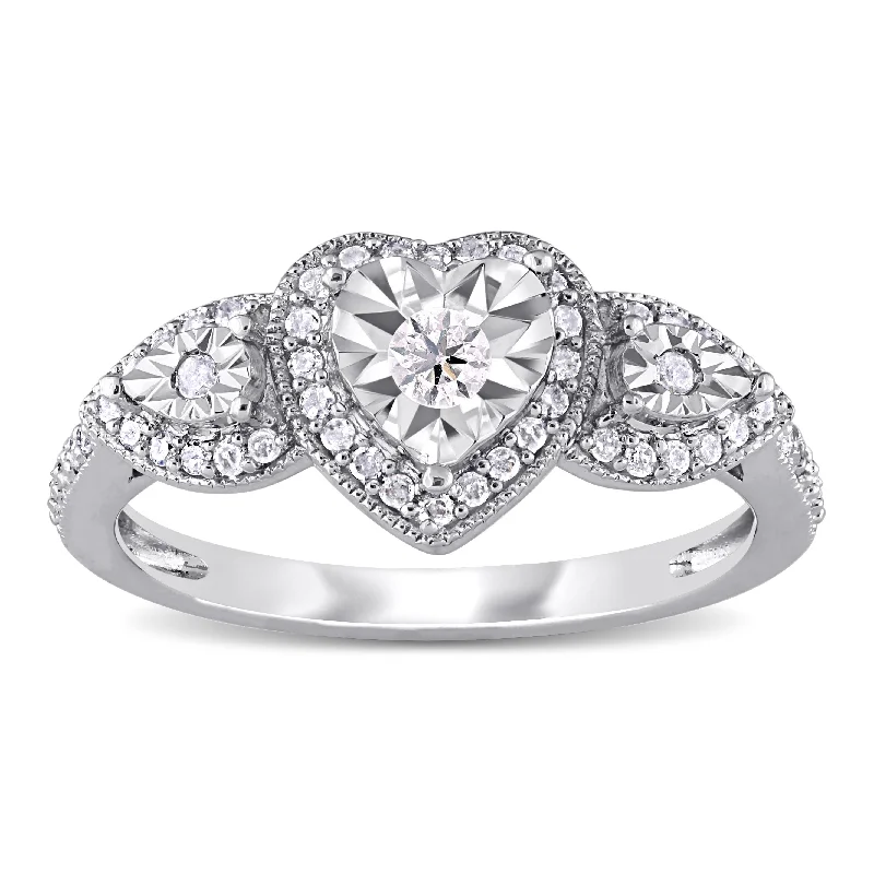 Simple solitaire engagement rings-Miadora Sterling Silver 1/3ct TDW Diamond Triple Heart Halo Engagement Ring