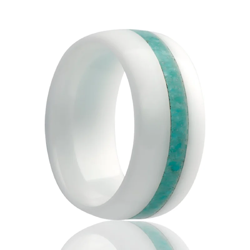 Classic diamond rings for women-Turquoise Inlay Domed White Ceramic Wedding Band