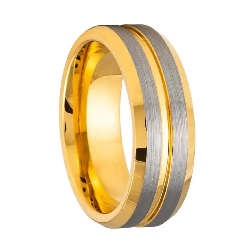 Wedding rings for women with unique designs-Brushed Grooved Gold Tungsten Men's Wedding Band