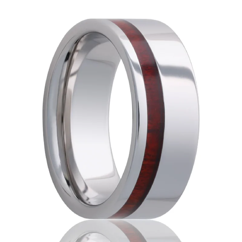 Women’s rings with artistic designs-Blood Wood Inlaid Tungsten Wedding Band with Beveled Edges