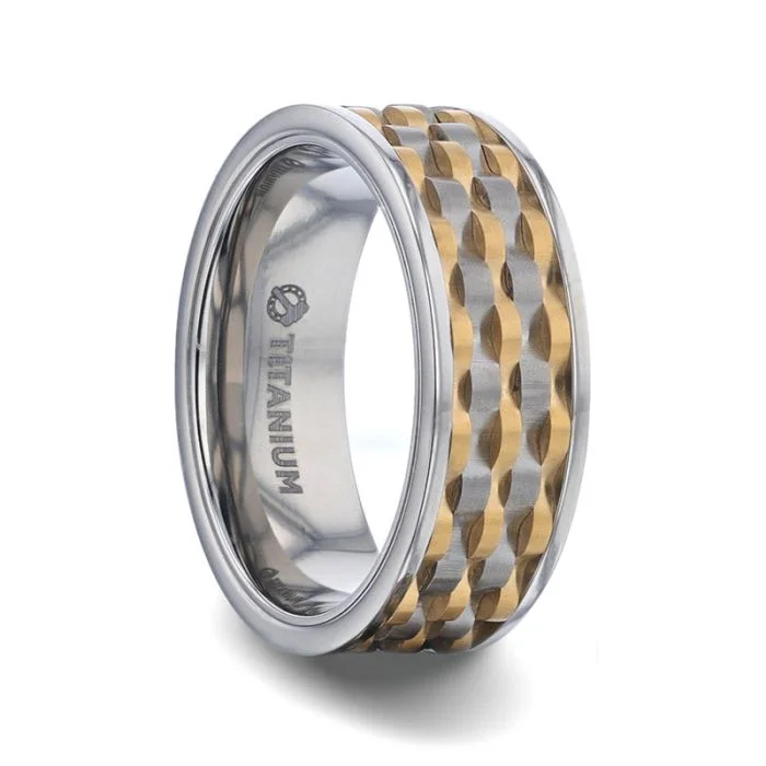 Custom-designed rings for ladies-Gold Waves Titanium Men's Wedding Band