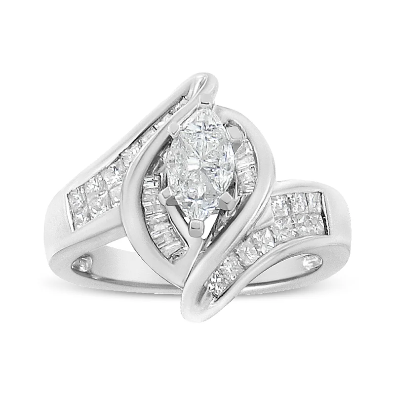 Stunning engagement rings with halo design-14K White Gold 1 1/4 Cttw Pie, Baguette and Princess cut Diamond Marquise Shape Engagement Cocktail Ring