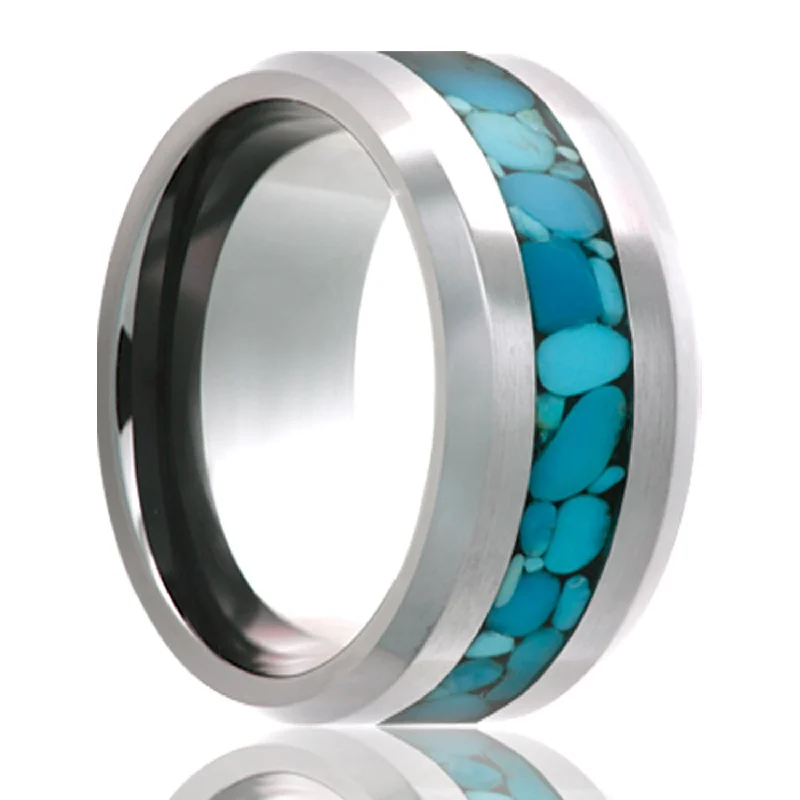 Women’s rings with unique metal finishes-Turquoise Inlay Cobalt Wedding Band with Beveled Edges