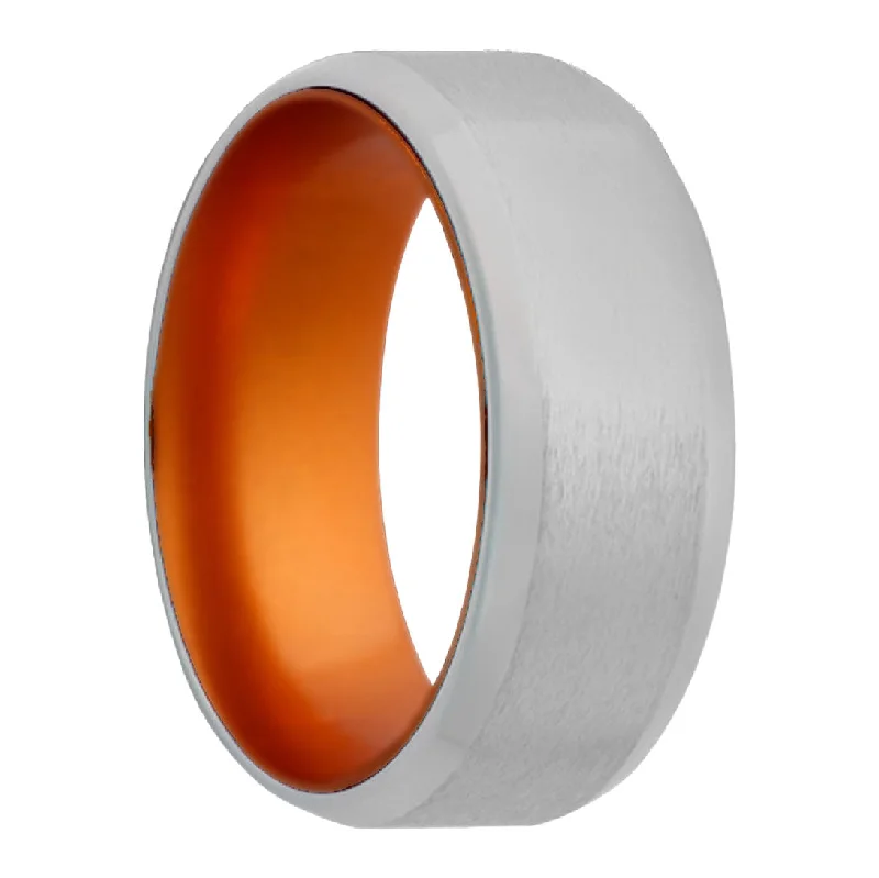 Chic fashion rings with crystal accents-Satin Cobalt Wedding Band with Beveled Edges & Orange Center