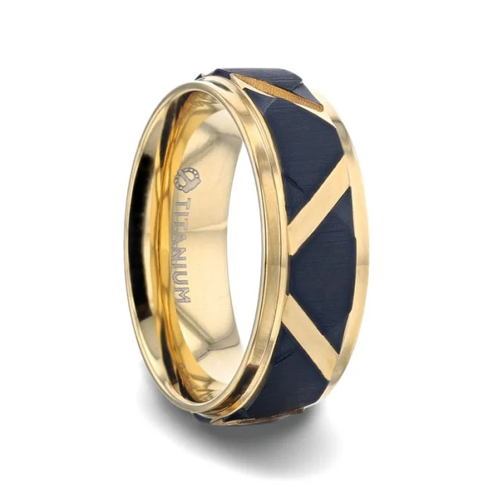 Simple and classic rings for women-Yellow Gold & Black Diagonal Pattern Titanium Men's Wedding Band