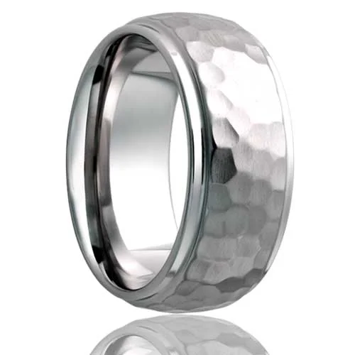 Simple and classic rings for women-Domed Hammered Cobalt Wedding Band with Stepped Edges