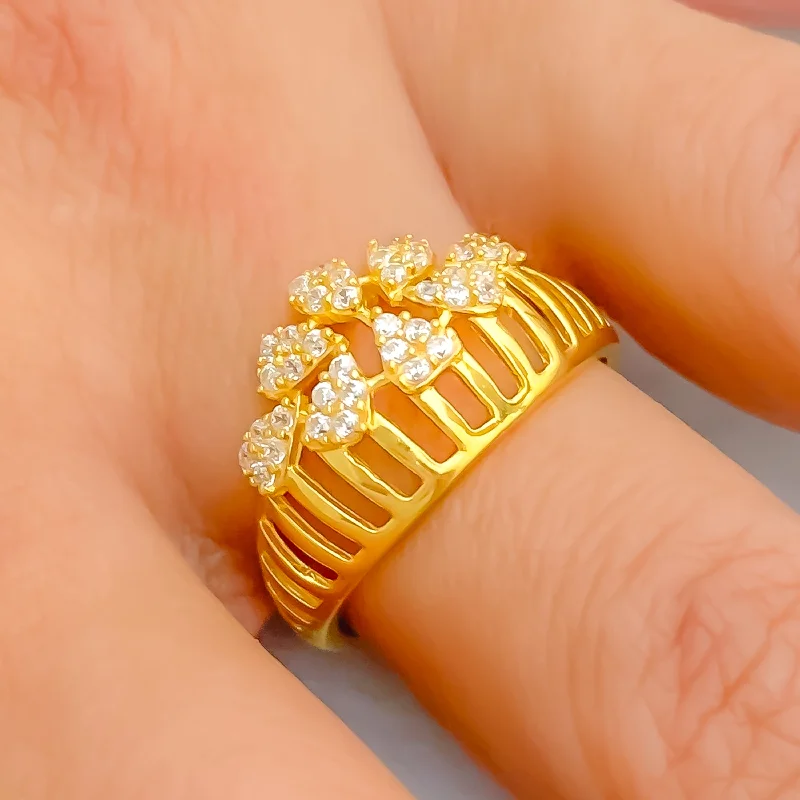 Unique rings with multicolor stones for women-Distinct Contemporary Flower 22k Gold CZ Ring