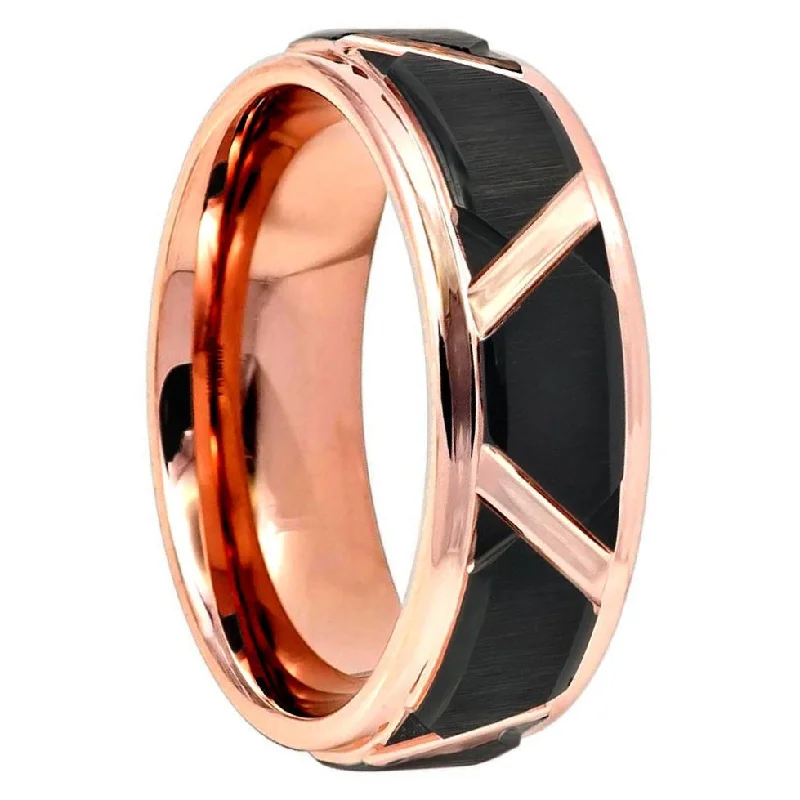 Classic wedding bands for women-Triangle Grooved Rose Gold Black Tungsten Men's Wedding Band