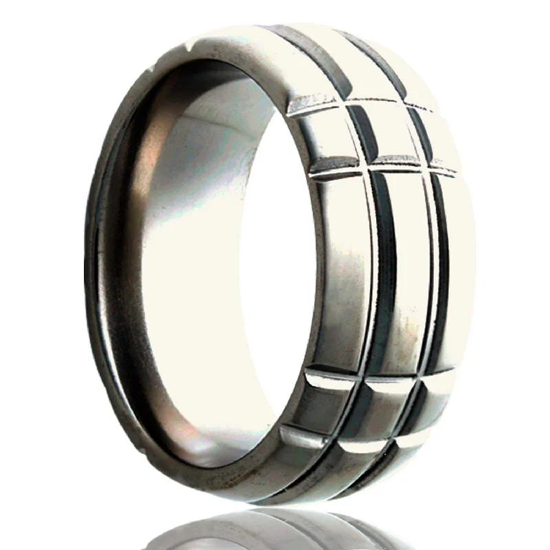 Trendy silver rings for women-Intersecting Grooves Domed Titanium Wedding Band