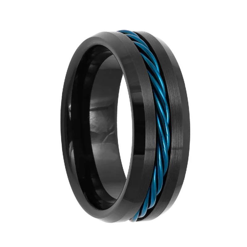 Stunning ruby rings for women-Black Tungsten Wedding Band with Blue Twisted Cable Inlay