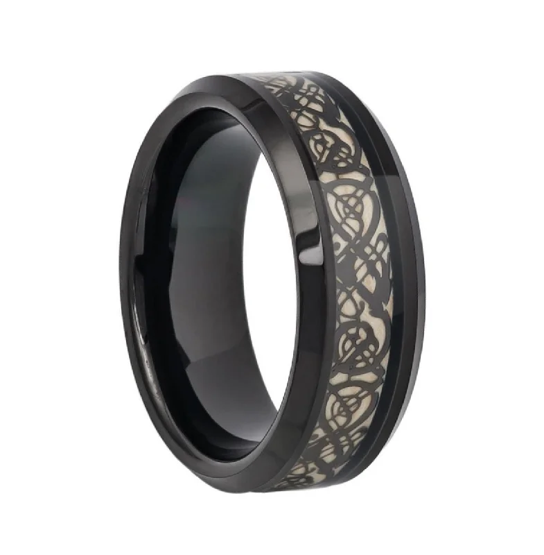 Unique rings with multicolor stones for women-Black Tungsten Men's Wedding Band with Celtic Dragon Inlay