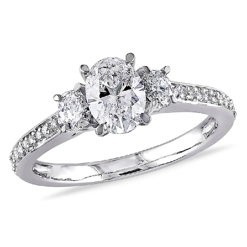 Engagement rings with heart-shaped diamonds-Miadora 14k White Gold 1 1/10ct TDW Diamond Oval and Round-Cut Diamond 3-Stone Engagement Ring