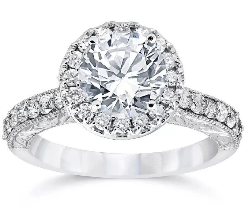 Diamond engagement rings with side stones-Certified 2Ct Diamond Halo Engagement Ring Antique 14k White Gold Lab Grown