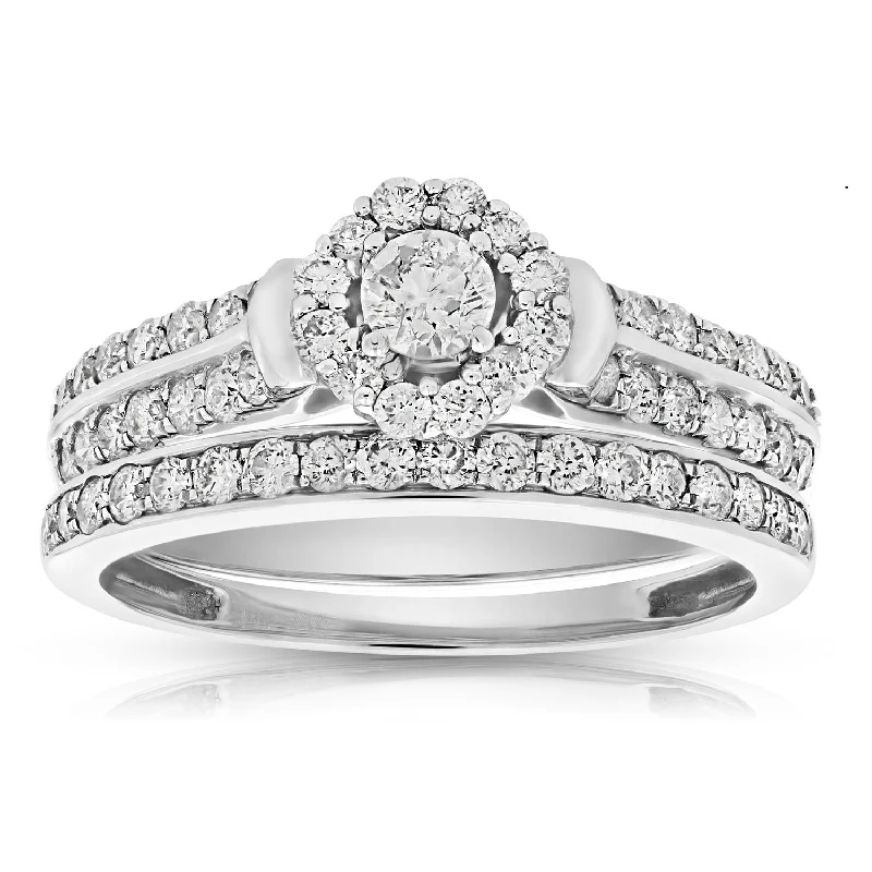 Simple and elegant engagement rings-1 cttw Diamond Halo Cluster Wedding Engagement Ring Set 14K White Gold Bridal