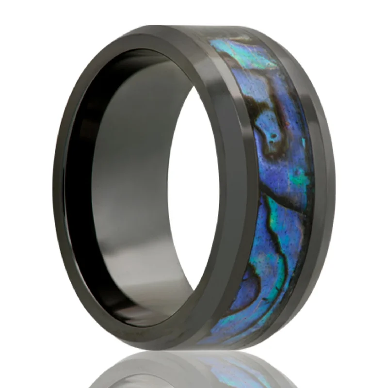 Women’s statement rings with gemstones-Abalone Inlay Ceramic Wedding Band with Beveled Edges