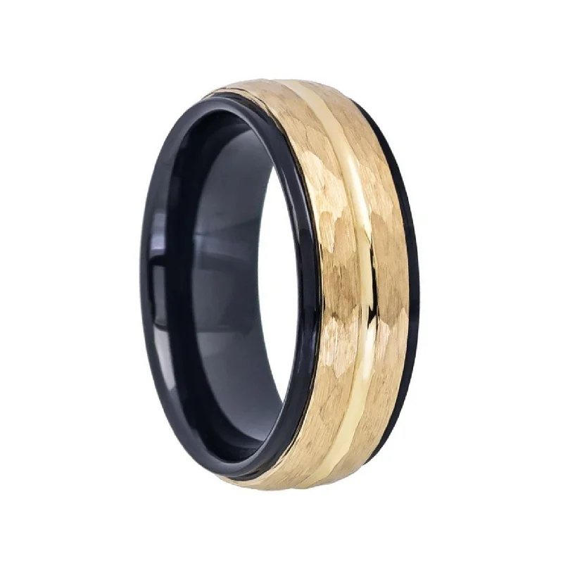 Antique rings for women-Hammered & Grooved Gold Tungsten Men's Wedding Band