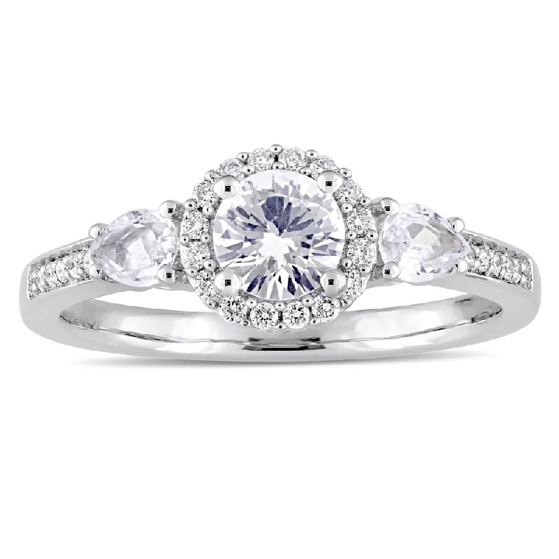 Engagement rings with Asscher cut diamonds-Miadora Signature Collection 14k White Gold White Sapphire and 1/8ct TDW Diamond Halo Engagement Rin