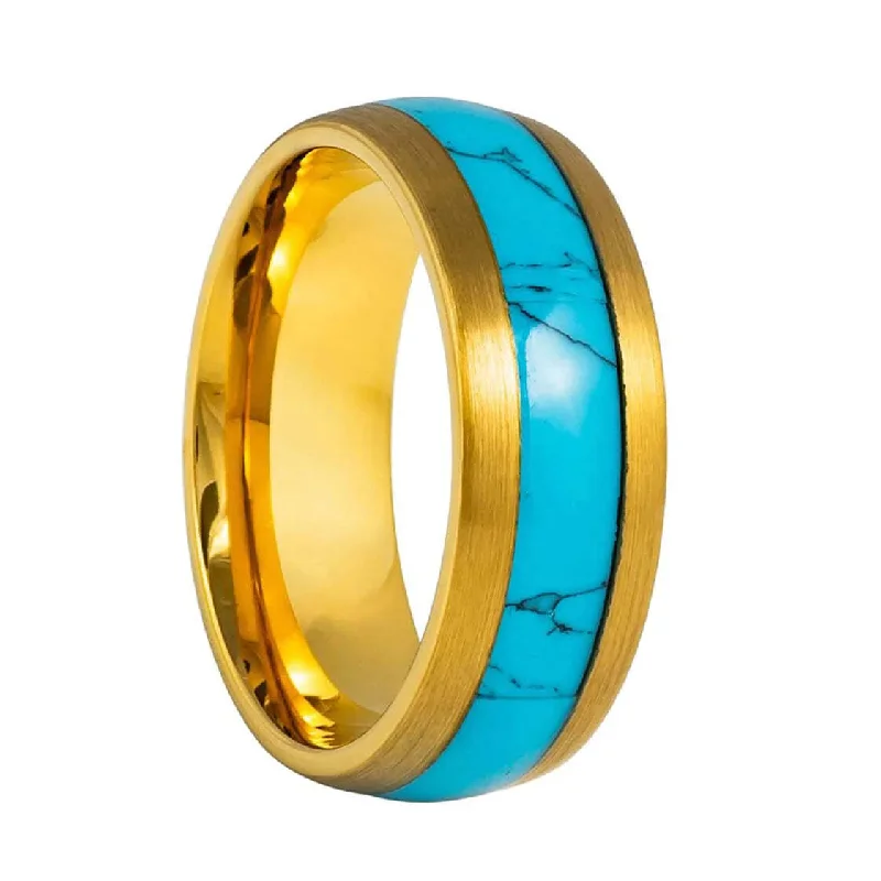 Women’s statement rings with large gemstones-Turquoise Inlaid Domed Gold Tungsten Men's Wedding Band