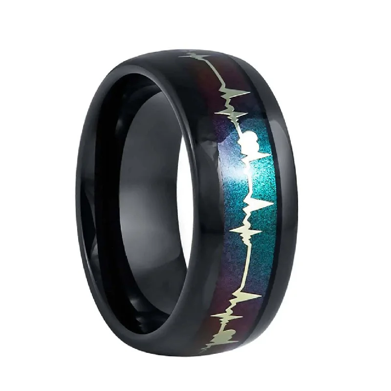 Beautiful gemstone rings for women-Sparkling Heartbeat Inlay Black Tungsten Men's Wedding Band