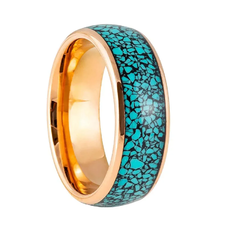 Elegant gold rings for women-Crushed Blue Stone Inlaid Rose Gold Tungsten Men's Wedding Band