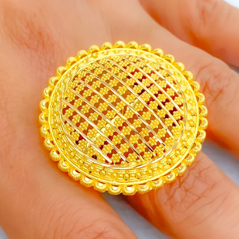 Fashion rings for women with geometric designs-Ornamental Striped 22k Gold Statement Ring