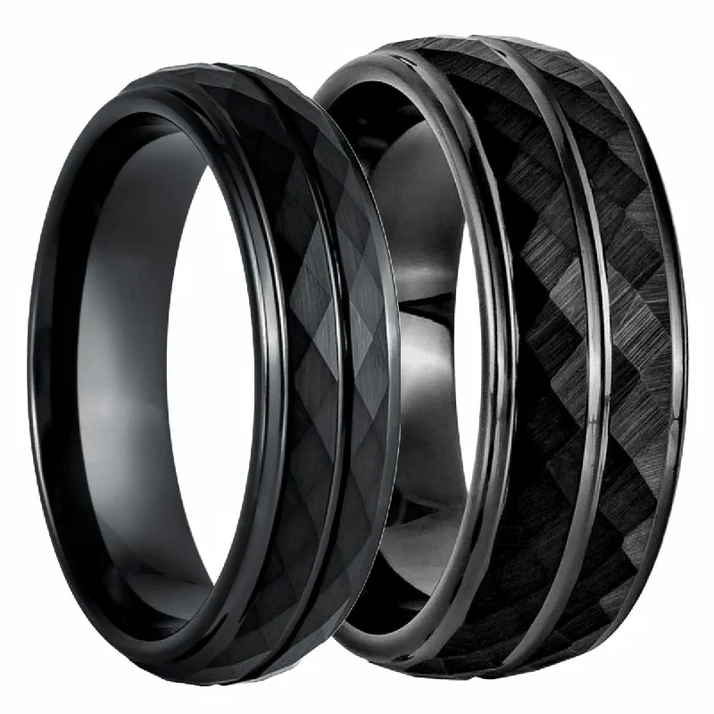 Adjustable gemstone rings for women-Dual Grooves Geometric Faceted Black Tungsten Couple's Matching Wedding Band Set