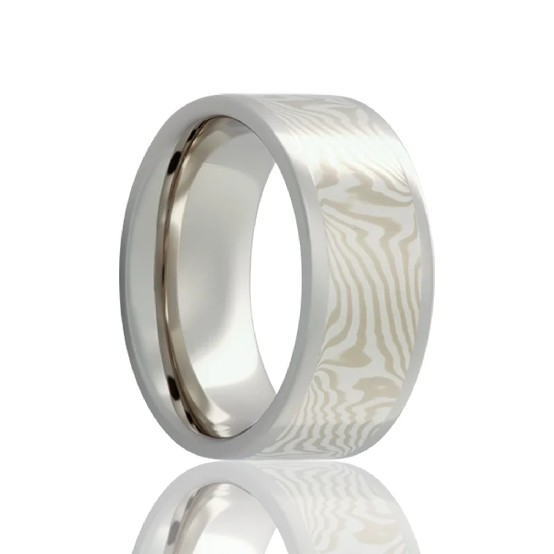 Beautiful rings for women with ruby accents-14k White Gold & Silver Mokume Gane Inlay Cobalt Wedding Band