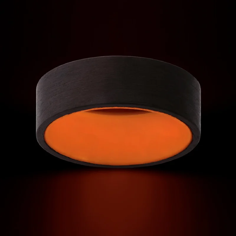 Simple gold rings for women-Glow in the Dark Carbon Fiber Wedding Band with Contrasting Orange Center