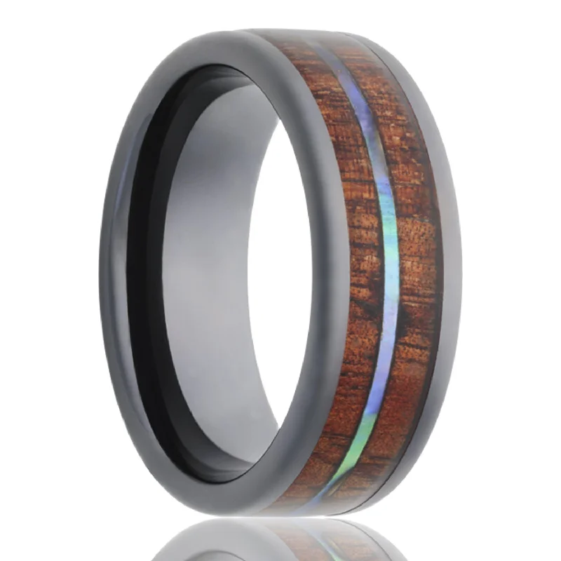 Chic fashion rings with crystal accents-Koa Wood & Abalone Inlay Ceramic Wedding Band