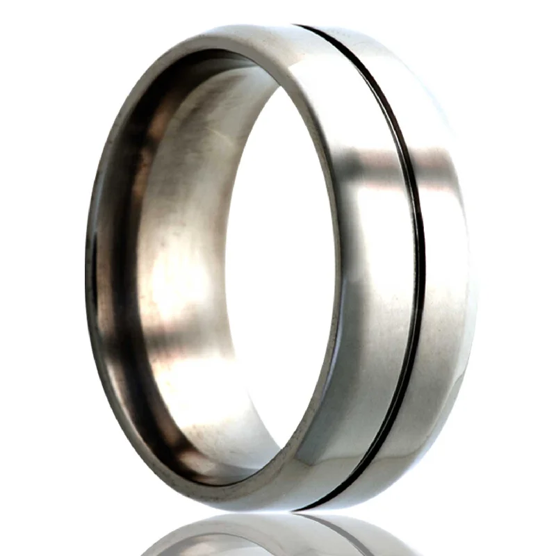 Classic diamond rings for women-Center Grooved Titanium Wedding Band with Beveled Edges