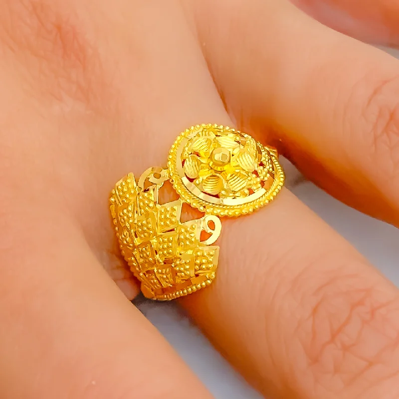 Custom rings with initials for women-Glimmering Beaded Flower 22K Gold Ring