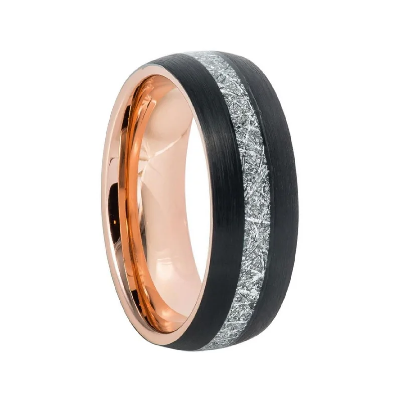 Stunning ruby rings for women-Rose Gold & Black Tungsten Men's Wedding Band with Imitation Meteorite Inlay