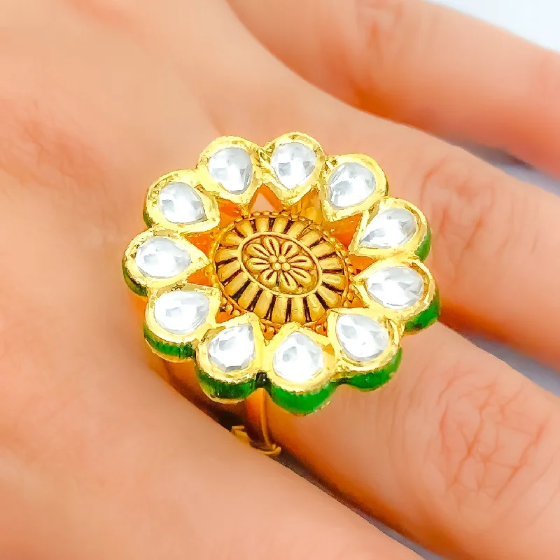 Vintage engagement rings for women-Classy Antique Floral Kundan 22k Gold Ring