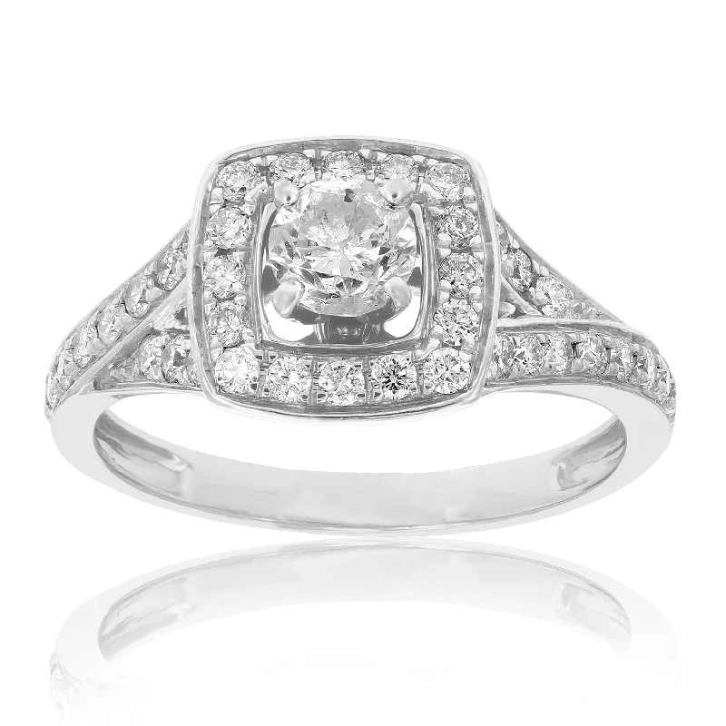 Women’s engagement rings with mixed metals-1 cttw Diamond Halo Wedding Engagement Ring 14K White Gold Cushion Prong Set