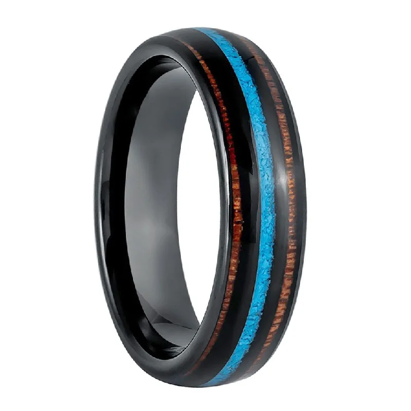 Women’s fashion rings with floral accents-Turquoise & Koa Wood Inlay Black Tungsten Men's Wedding Band