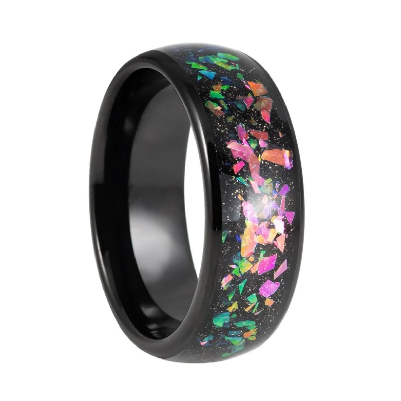 Vintage engagement rings for women-Black Tungsten Men's Wedding Band with Crushed Opal Inlay