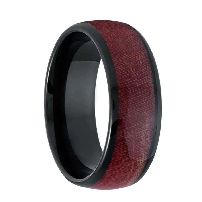 Stunning ruby rings for women-Walnut Wood Inlaid Domed Black Tungsten Men's Wedding Band