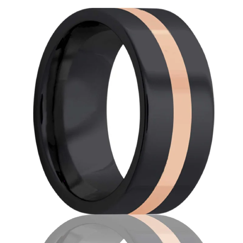 Custom rings with initials for women-Solid 14k Rose Gold Inlay Zirconium Wedding Band