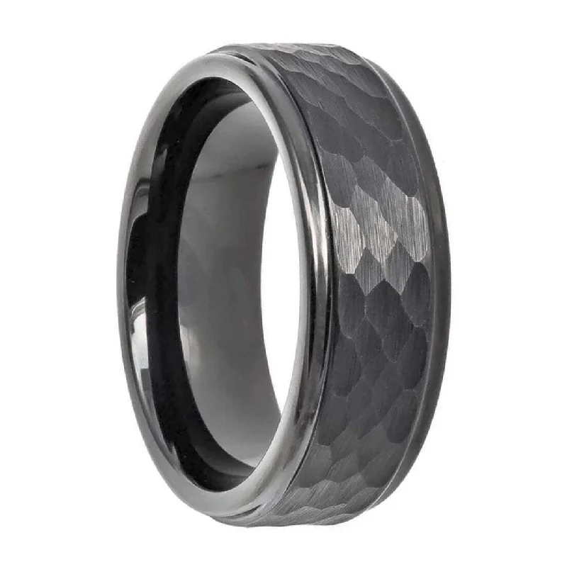 Simple yet elegant rings for women-Hammered Gunmetal Gray Tungsten Men's Wedding Band with Stepped Edges